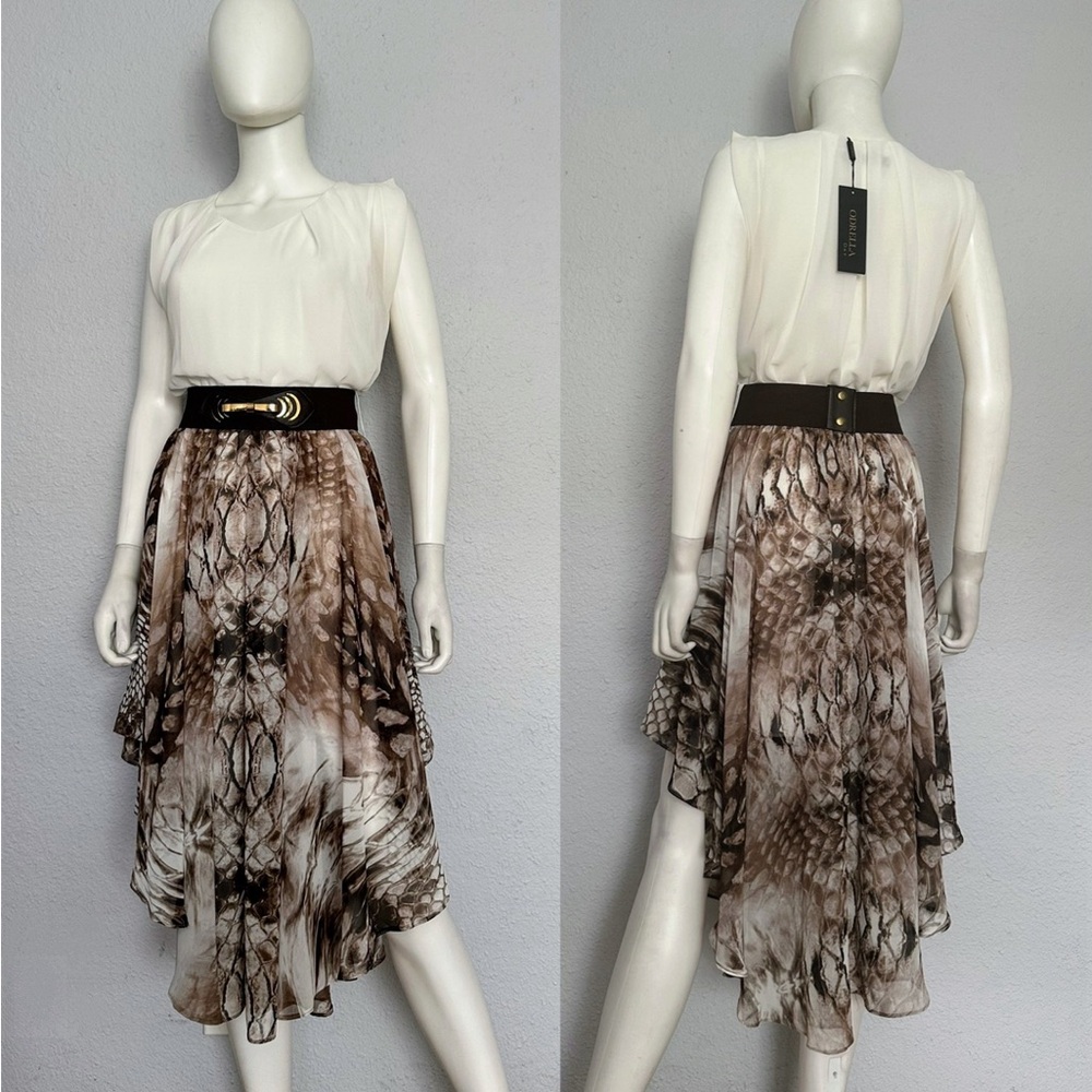 NWT CHIFFON HIGH-LOW BELTED TWO-TONE DRESS ASYMMETRICAL SKIRT ANIMAL‎ PRINT GOWN